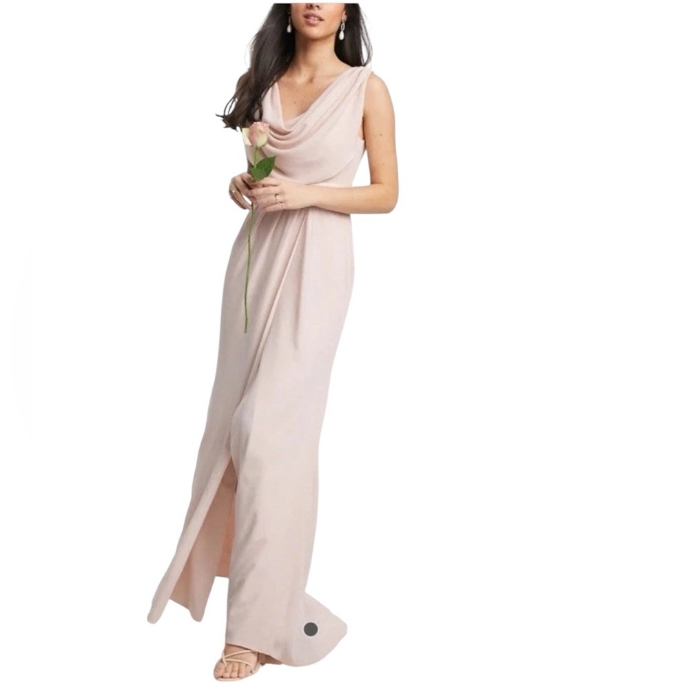 ASOS Dusty Rose Blush Pink Cowl Front Wedding Formal Button Back Gown Size 10